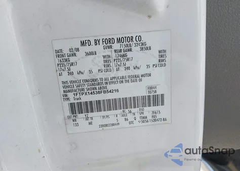 2008 Ford F-150 Fx4/Lariat/Xl/Xlt из США, поврежденный, VIN 1FTPX14538FB54216